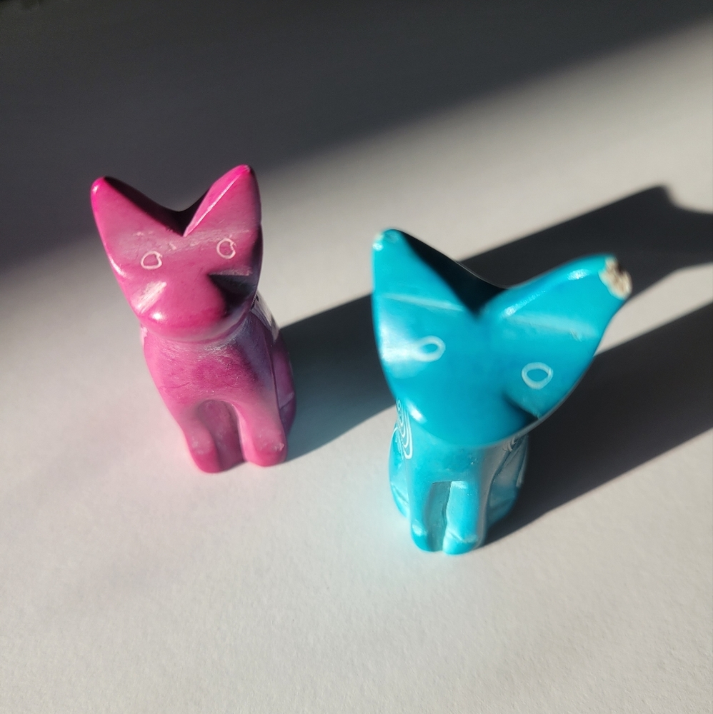 African Soapstone Carved Cat Couple Figurines Kenya